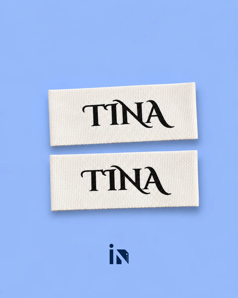 In nhãn cotton TINA màu trắng chữ đen sắc nét